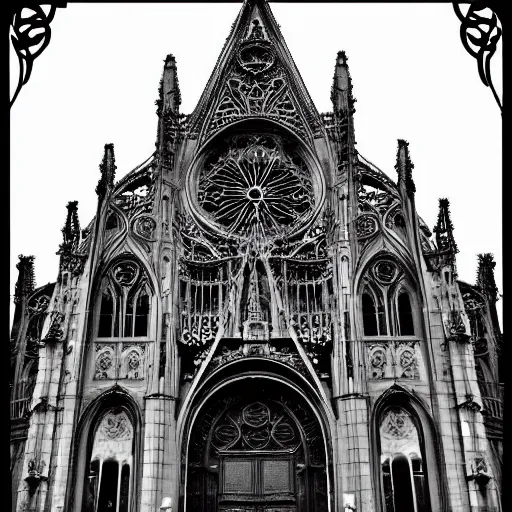 Prompt: a art nouveau cathedral, hd, black and white photograph,