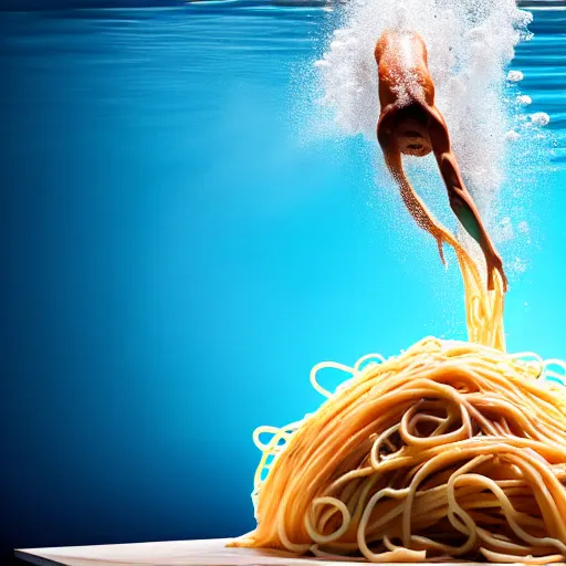 Image similar to uhd photo of olympic diver diving into a pool of spaghetti, uhd hyperdetailed photography