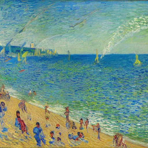 Image similar to modern people swimming and paddling in the sea at brighton uk the sunlight catches the waves, sparkling and glistens, glittering, near the beach on a hot sunny day painted monet and van gogh painterly style