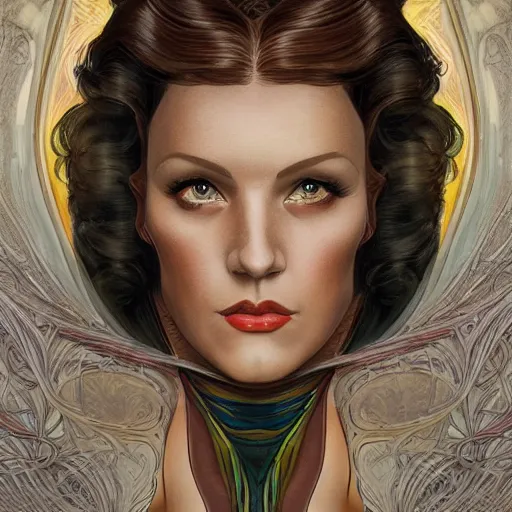 Image similar to an art nouveau, ( streamline moderne ), multi - racial portrait in the style of donato giancola and anna dittmann and charles dulac. very large, clear, expressive, and intelligent eyes. symmetrical, centered, ultrasharp focus, dramatic lighting, photorealistic digital matte painting, intricate ultra detailed background.