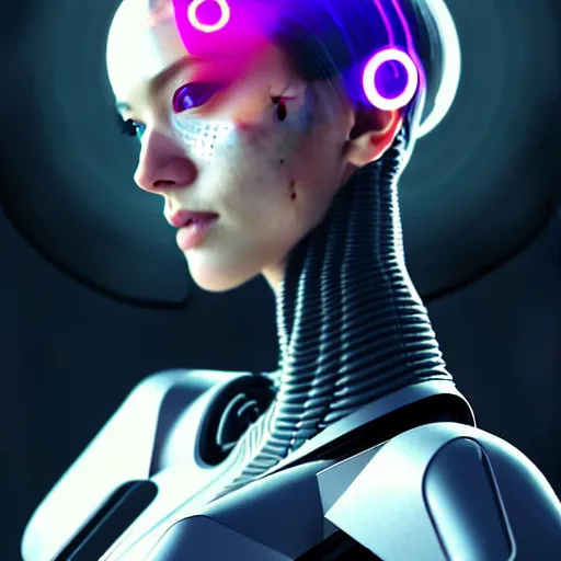 Image similar to Perfectly-Centered Half-body-Portrait of a Mechanical Cyberpunk Female Android, intricate, elegant, super highly detailed, professional digital painting, artstation, concept art, smooth, sharp focus, no blur, no dof, extreme illustration, Unreal Engine 5, Photorealism, HD quality, 8k resolution, cinema 4d, 3D, beautiful, cinematic, art by artgerm and greg rutkowski and alphonse mucha and loish and WLOP