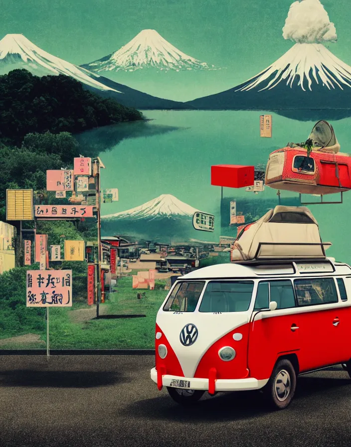 Image similar to vw camper touring rural japan, a collage painting, in the style of wes anderson, lola dupre, david hockney, isolated on negative white space background dark monochrome fluorescent spraypaint accents volumetric octane render, no double figure