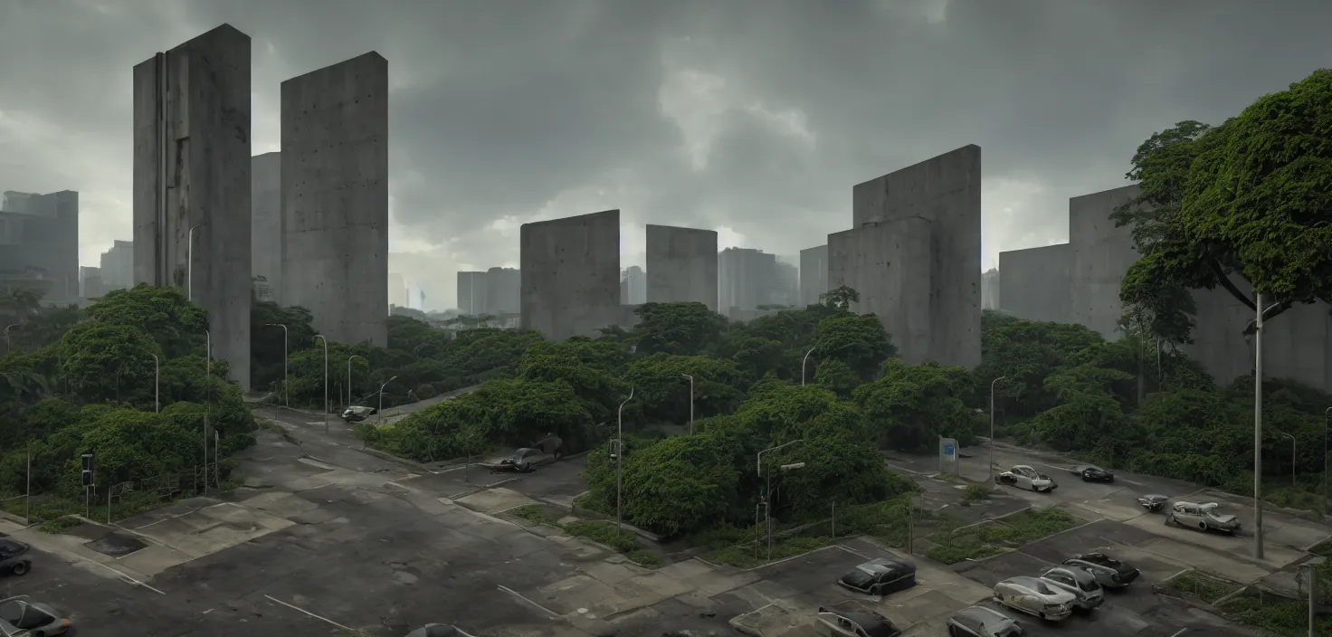 Prompt: a street view of monolithic buildings, simple brutalist architecture, abandoned, empty streetscapes, surrounded by lush green jungle, ground-level view, natural volumetric lighting, sunset, rusted steel, solid concrete, glass, stunning skies, scattered rubbish and debris, 8k, photorealistic, hyper detailed, unreal engine 5, IMAX quality, cinematic quality, beautifully illustrated, sharp focus, minimal artifacts, from DOOM, by Greg Rutkowski, trending on Artstation, award winning