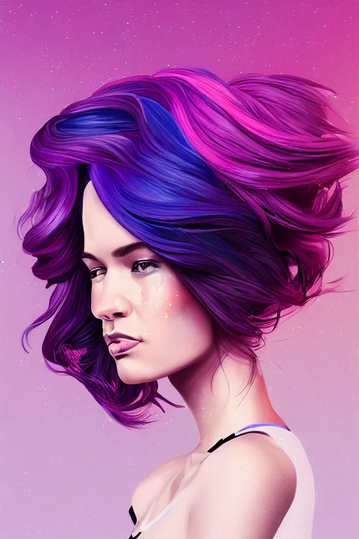 Prompt: a award winning half body portrait of a beautiful woman in a winter sweater with ombre purple pink blue hairstyle with head in motion and hair flying by sandra chevrier, outrun, vaporware, illustration, digital art, trending on artstation, highly detailed, fine detail, intricate