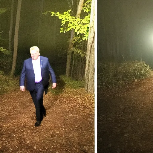 Prompt: game camera footage of Doug Ford premier of Ontario wadering through the woods at night