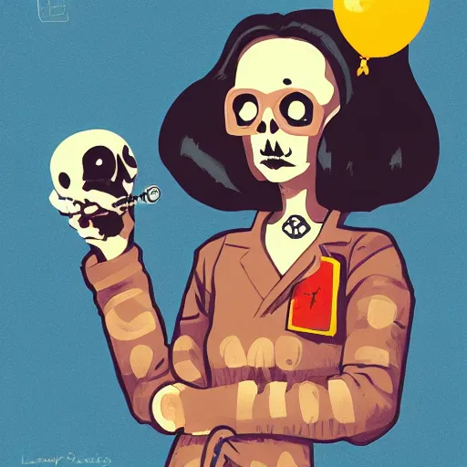 Image similar to portrait skull girl holding balloon by petros afshar, tom whalen, laurie greasley, war face by greg rutkowski