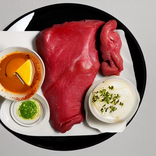 Image similar to A plate of human flesh, body parts, food photography, restaurant