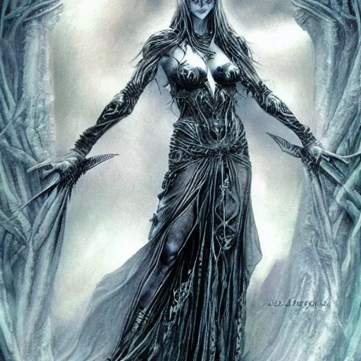 Image similar to dark beautiful sorceress casting an illusion spell by luis royo, full body shot, perfect symmetrical body, perfect symmetrical face, coherent symmetrical eyes,