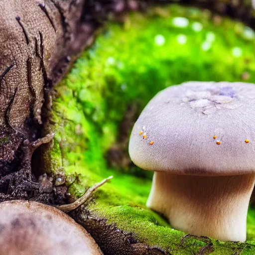 Prompt: macro photo with a mushroom character with cute eyes and mycelium, very close to real nature, natural colors and natural surroundings, painted patterns and coloring on mushrooms, 8K, highly detailed