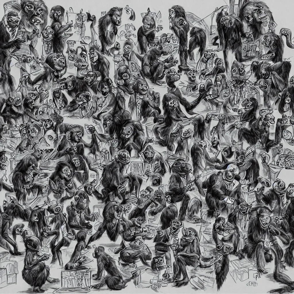 Image similar to Apes and monkeys playing Chess against Evil Shadow Creatures wearing tuxedos. Ballpoint pen art.