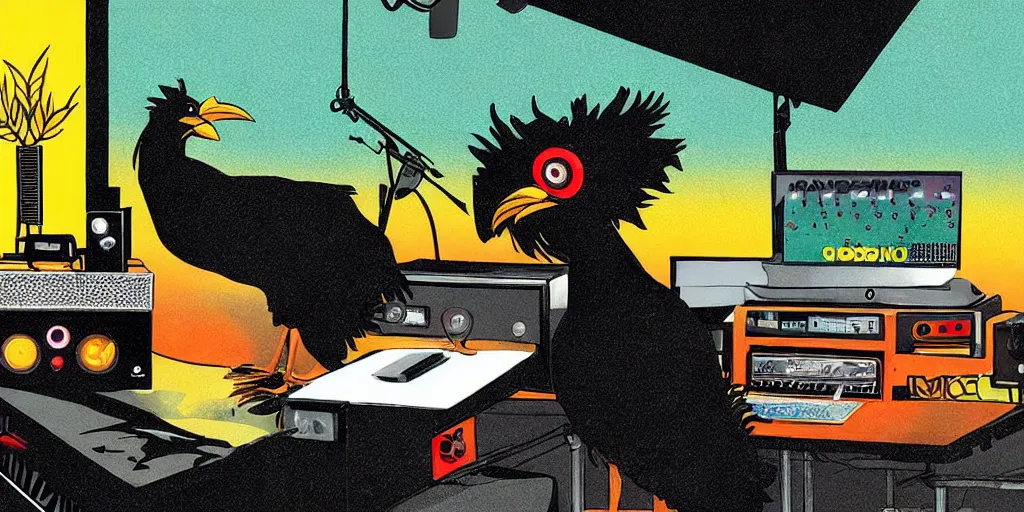 Image similar to 'black chicken'!!! smoking 'cannabis'!!!!!! in front of 'audio console'!!!! and 'multi monitors'!!!! 'in a hi-tech tv broadcasting studio'!!!!, artwork by James Gilleard