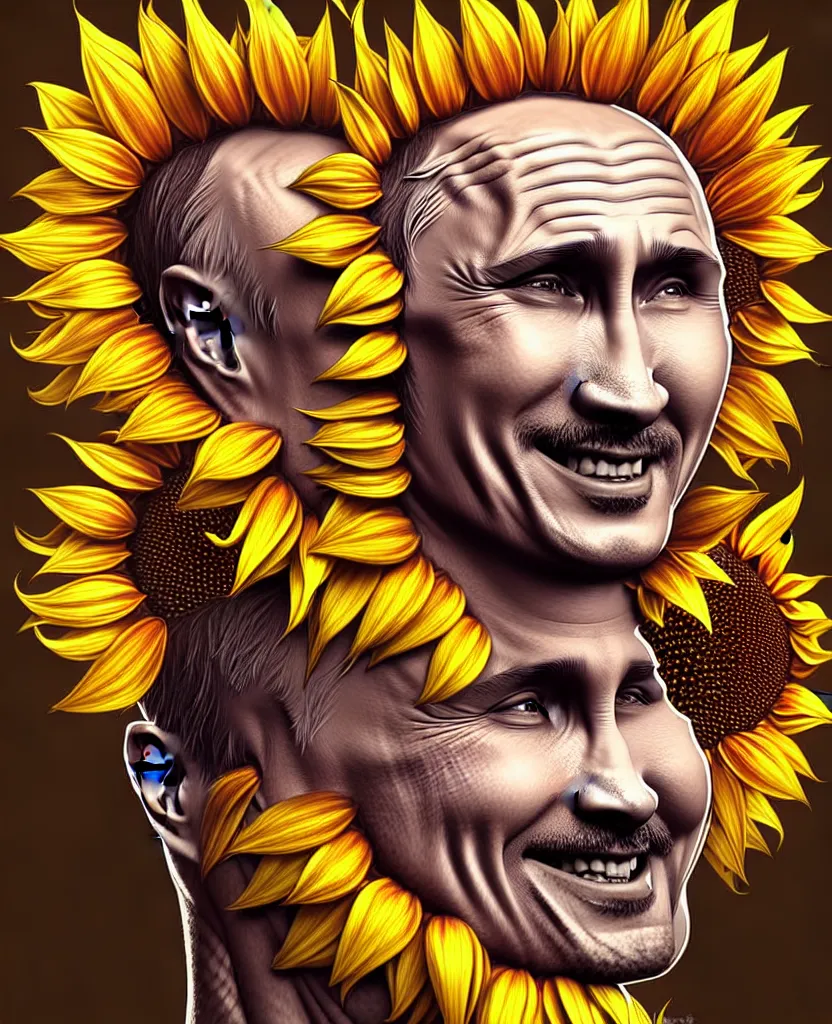 Image similar to digital art, centered full body of Putin smiling king, Sunflower crown, ,intricate, veins, by James Jean and by artgerm , by ross tran ultradetailed, charachter design, concept art, trending on artstation,