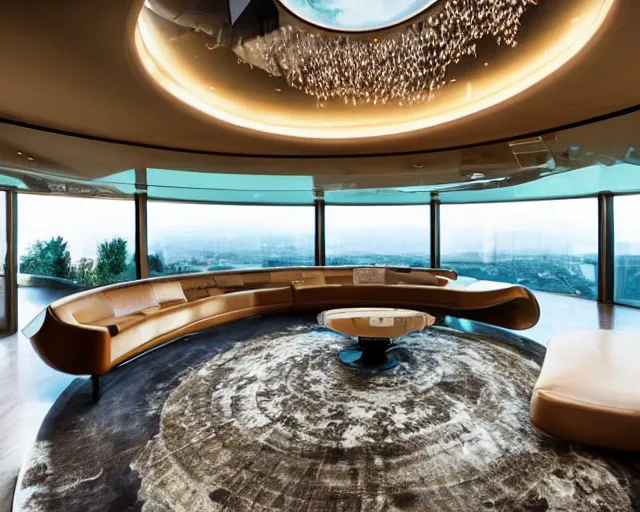 Prompt: A futuristic living room in a glass dome with a big luxurious U-shape sofa and a luxurious table in the center, there is a curved wooden staircase in the back of the living room, professional interior design photograph, wide angle photograph, 8k resolution, hyper detailed