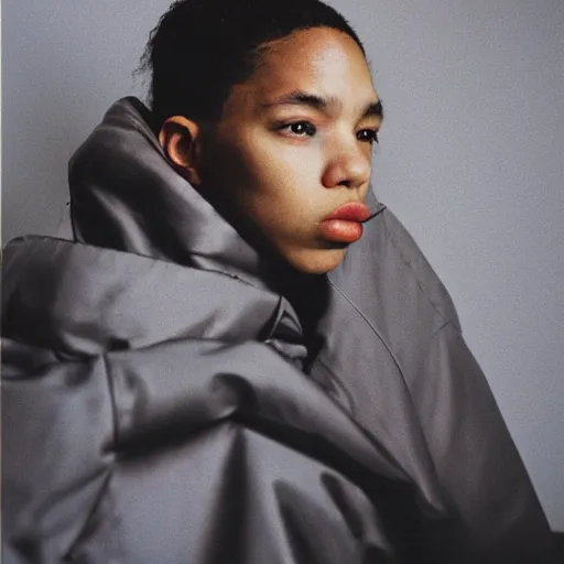 Image similar to realistic! photoshoot for a new vetements lookbook, color film photography, portrait of a beautiful woman, in style of tyler mitchell, 35mm