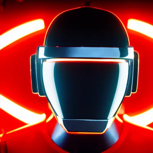 Image similar to daftpunk deluxe humanoid robots front head daftpunk curved screen displaying red glowing Error, his head shows a red glowing Error message, background dark, 40nm lens, shallow depth of field, split lighting, 4k,