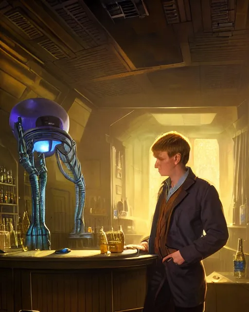 Prompt: medium - shot vislor turlough played by mark strickson at age 1 8, at the alien space pub bar counter, highly detailed, mood lighting, from doctor who series, artstation, highly detailed digital painting, smooth, global illumination, fantasy art by greg rutkowsky, karl spitzweg, leyendecker