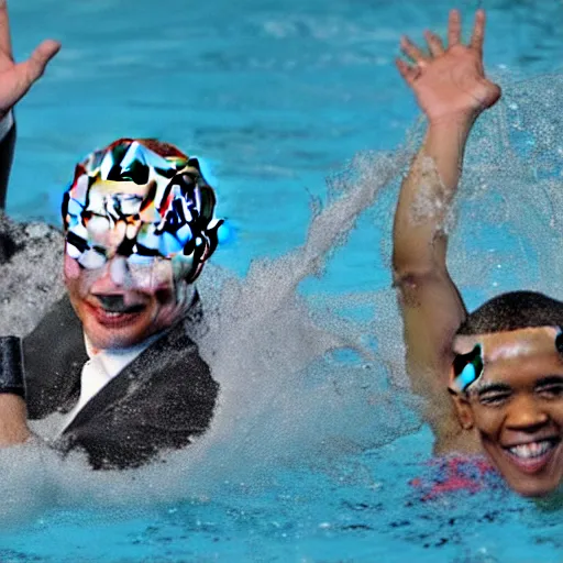 Image similar to putin, trump, obama and bush are swimming while having a water fight and smiling