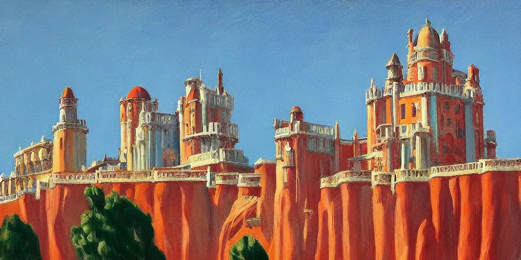 Prompt: street art. paralyzed by the indescribable beauty of the cosmos. amazing view of the palacio da pena. art style by edward hopper daring, incredible