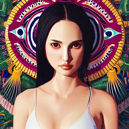Image similar to a beautiful young japanese natalie portman alluring gravure model, stylized concept art, wearing elegant designer bomber jacket and one piece bikini, bomber jacket with mesoamerican patterns, mesoamerican native street fashion, princess mononoke, painted by ilya kuvshinov aesthetic, gorgeous, stunning, alluring, attractive, artstation, pinterest, digital art