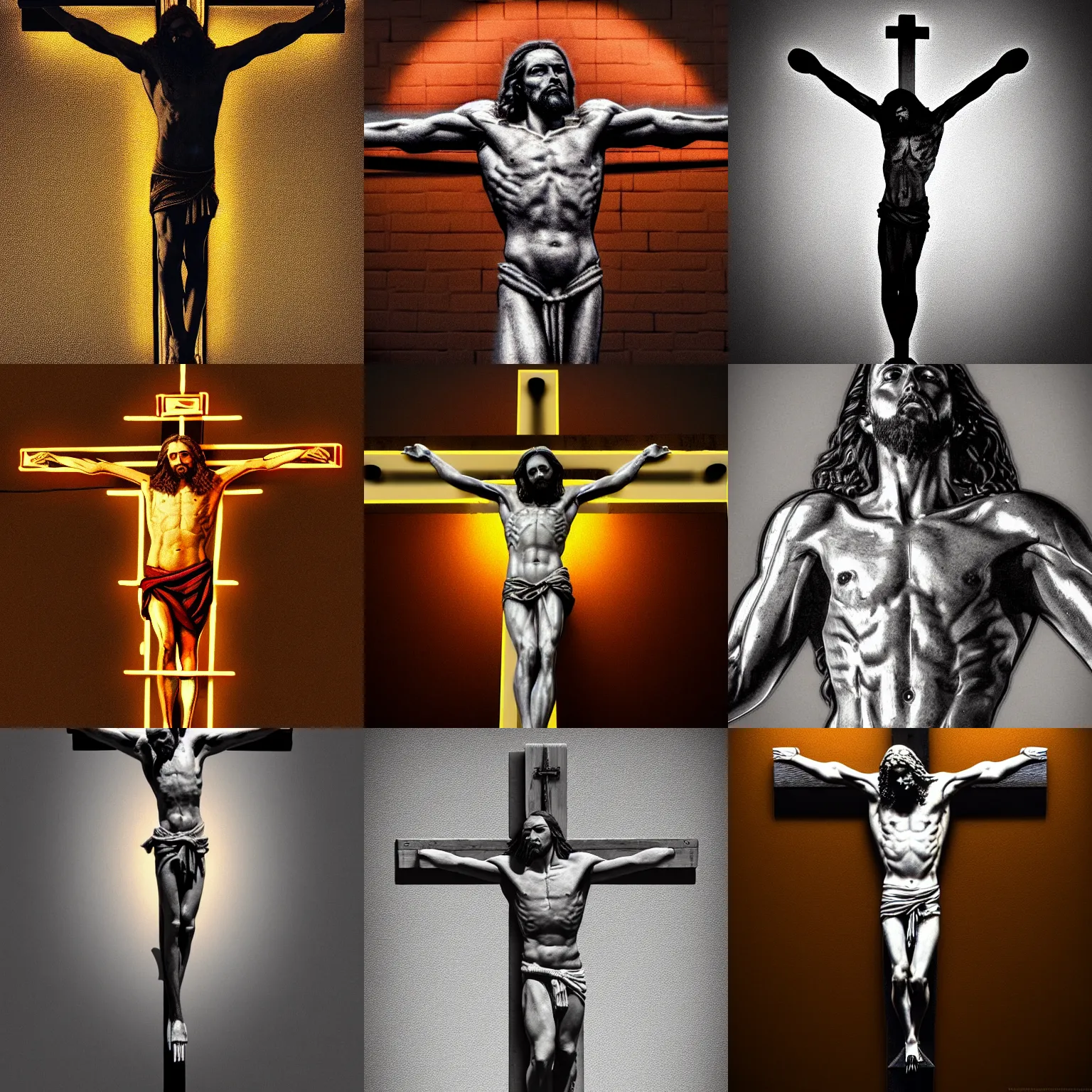 Prompt: highly detailed jesus christ crucified on neon cross, octan render, shadows, reflections, trending on artstation, realistic