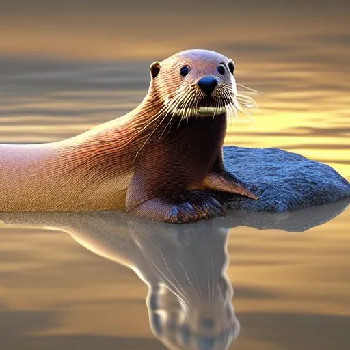 Image similar to a river otter with gold, expression, photo realistic, dramatic cinematic lighting, octane render, 4k, ultra detailed