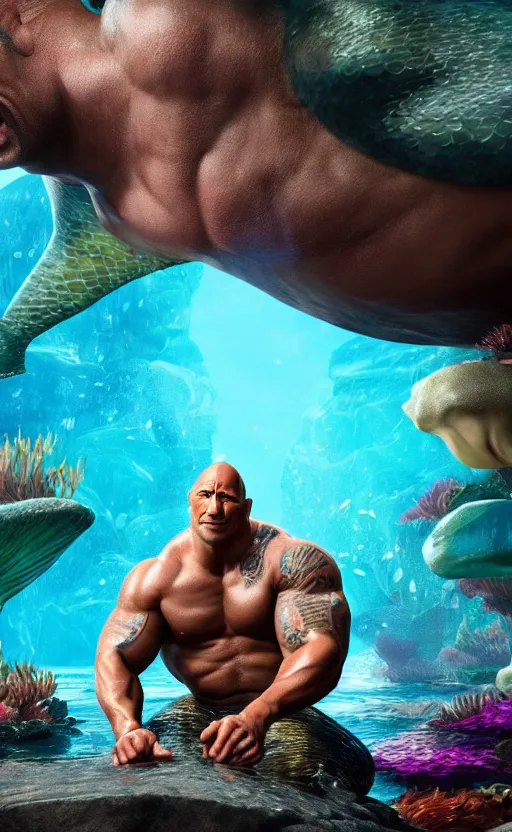 Image similar to dwayne johnson as a charming mermaid work safe dreamlike, character art, hyperdetailed, 8 k realistic, unreal engine, cryengine, dof, trending on artstation, digital art