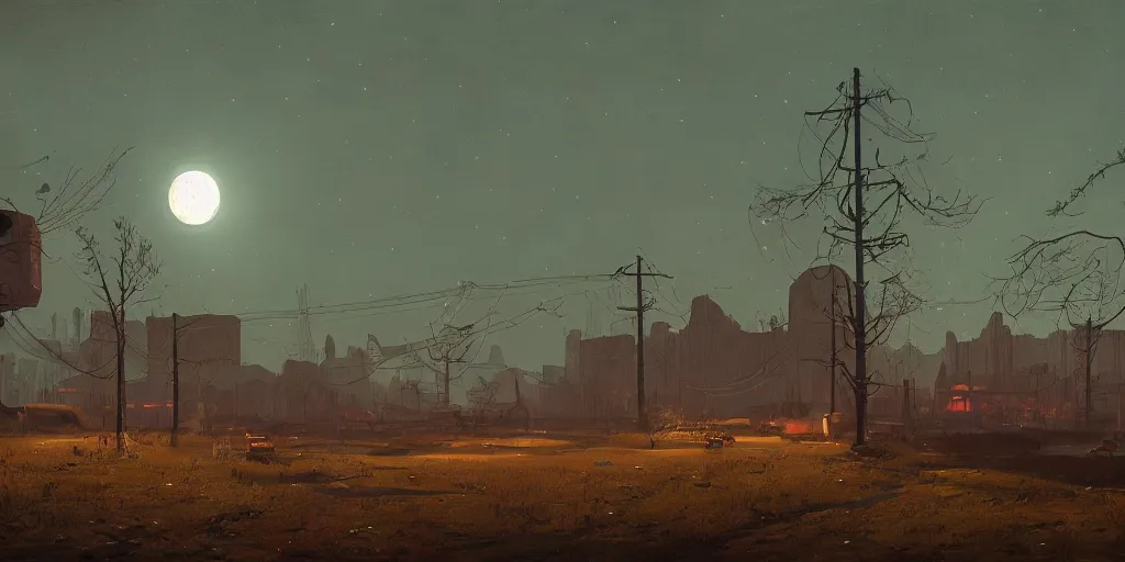 Prompt: abandoned civilisation at night, moonlight lighting on one full moon, landscape painted by simon stalenhag