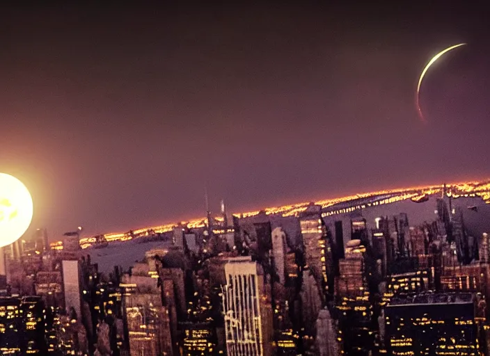 Image similar to film still of the moon shattering into pieces over manhatten in the new disaster movie, 8 k, night time