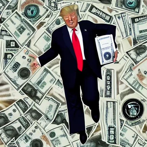 Image similar to donald trump holding bags of money, running from the police