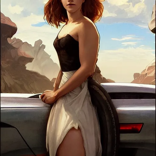 Image similar to Emma Watson as a car in the Pixar movie Cars, highly detailed, digital painting, artstation, concept art, sharp focus, illustration, art by greg rutkowski and alphonse mucha