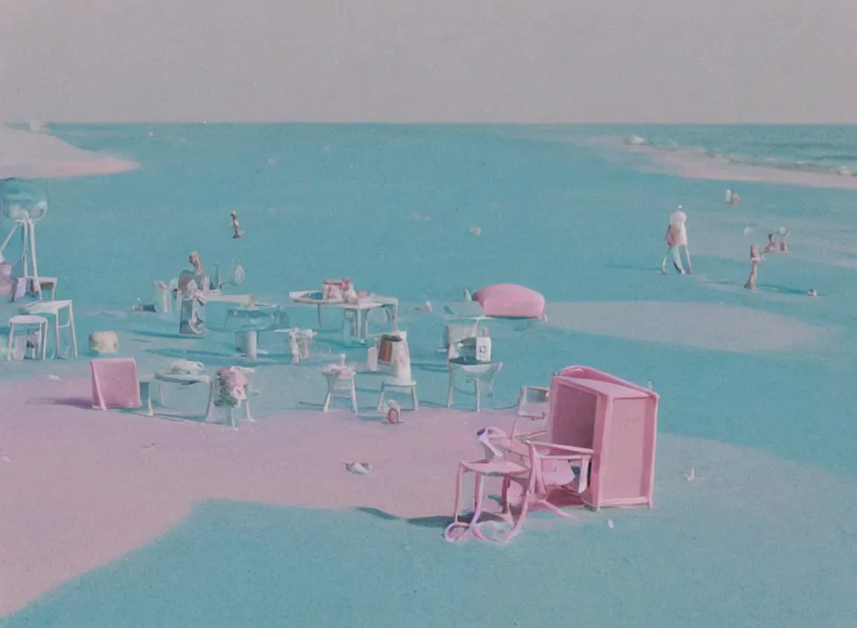 Image similar to a pastel coloured vintage family holiday photo of an empty beach from an alien dreamstate world with chalky pink iridescent!! sand, reflective lavender ocean water, dim bioluminescent plant life and an igloo shaped plastic transparent restaurant including clutter opposite a pit with an iridescent blue flame flickering. glare. refraction, volumetric light.