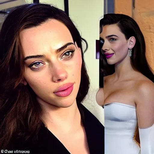 Image similar to a woman who is a genetic combination of kim kardashian and kat dennings and scarlett johansson and margot robbie and emma watson, face and upper - body focus