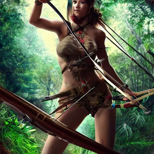 Image similar to beautiful archery girl, female heroine in the jungle hunting with bow and arrow, gettyimages, realistic face, digital art, trending on artstation