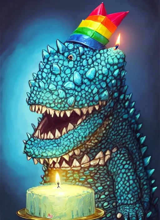 Image similar to portrait of a happy small fat blue godzilla with a birthday cake, wearing a funny rainbow hat, intricate, elegant, candle light, highly detailed, digital painting, artstation, concept art, smooth, sharp focus, illustration, art by wlop, mars ravelo and greg rutkowski