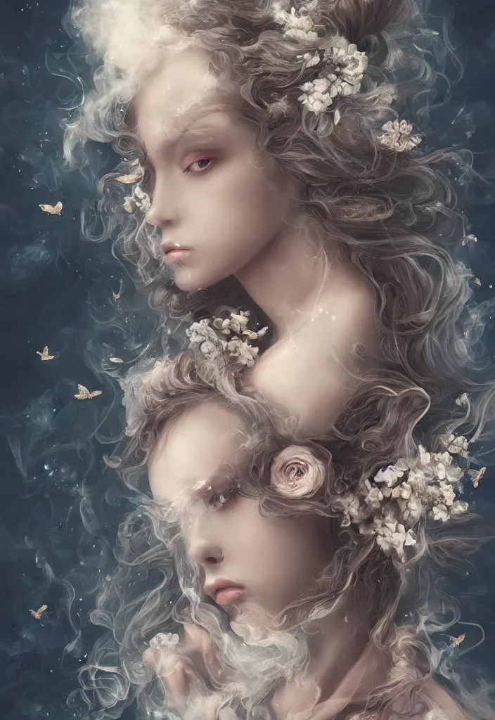 Prompt: beautiful, haunting young woman made out of smoke and clouds, in renaissance times, detailed gorgeous face, flowing hair, vaporwave aesthetic, synthwave long luxurious gown made out of pearls, hair done up with flowers and ribbons, digital art, butterflies, birds, digital painting, artstation, concept art, smooth, sharp focus, illustration, art by artgerm and greg rutkowski and alphonse mucha