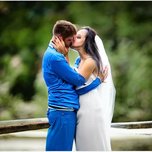 Image similar to the metaphysical holy marriage glue, couple kissing with bright blue glue