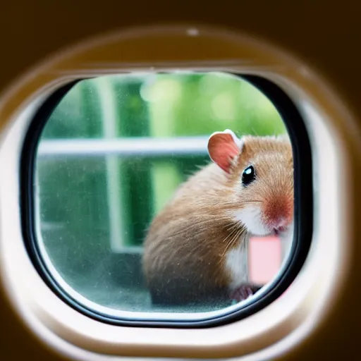 Image similar to photo of a hamster inside a train, looking out of a train window, various poses, unedited, soft light, sharp focus, 8 k