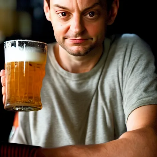 Prompt: beautiful bar maiden serving a frothy pint of ale in a dimly lit bar to Tobey Maguire