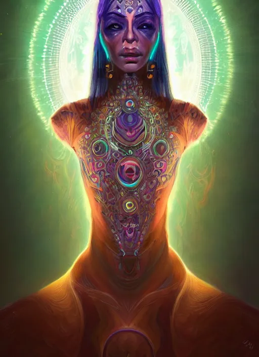 Prompt: one centered screen portrait of a future metaverse ayahuasca tech shaman warrior, 2 d cartoon, visionary art, symmetric, magick symbols, holy halo, shipibo patterns, sci - fi, concept art, trending on art station, 8 k digital art, by mandy jurgens, fantasy portrait art, anime