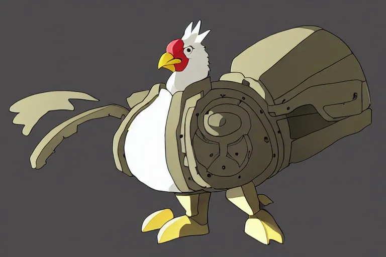 Image similar to heavily armoured mechanical chicken by studio ghibli