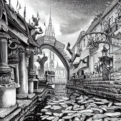 Image similar to monochrome illustration by David A. Trampier, fantasy, very detailed