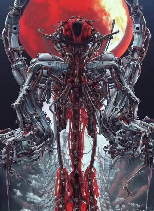 Prompt: Neon Genesis Evangelion by Yoshitaka Amano, by HR Giger, biomechanical, 4k, hyper detailed, hyperrealism, anime, a Blood Moon rising on a Broken World, deviantart, artstation