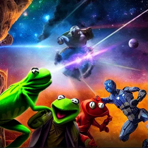 Prompt: the avengers battle kermit the frog in space, galaxy, hd, explosions, gunfire, lasers, giant, epic, showdown, colorful, realistic photo, unreal engine, stars, prophecy, epic oil painting, powerful, diffused lighting, destroyed planet, debris, justice league, movie poster