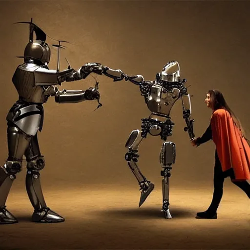 Image similar to da vinci's robot knight fighting a human knight on a battlefield