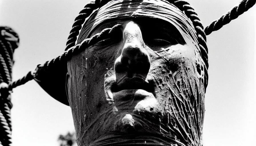 Image similar to 1 9 6 0 s movie still close - up of marcus atilius regulus'face tied with ropes at a pole with wide - open eyes looking directly at the burning sun, his eyes are bleeding intense, cinestill 8 0 0 t 3 5 mm b & w, high quality, heavy grain, high detail, texture, dramatic light