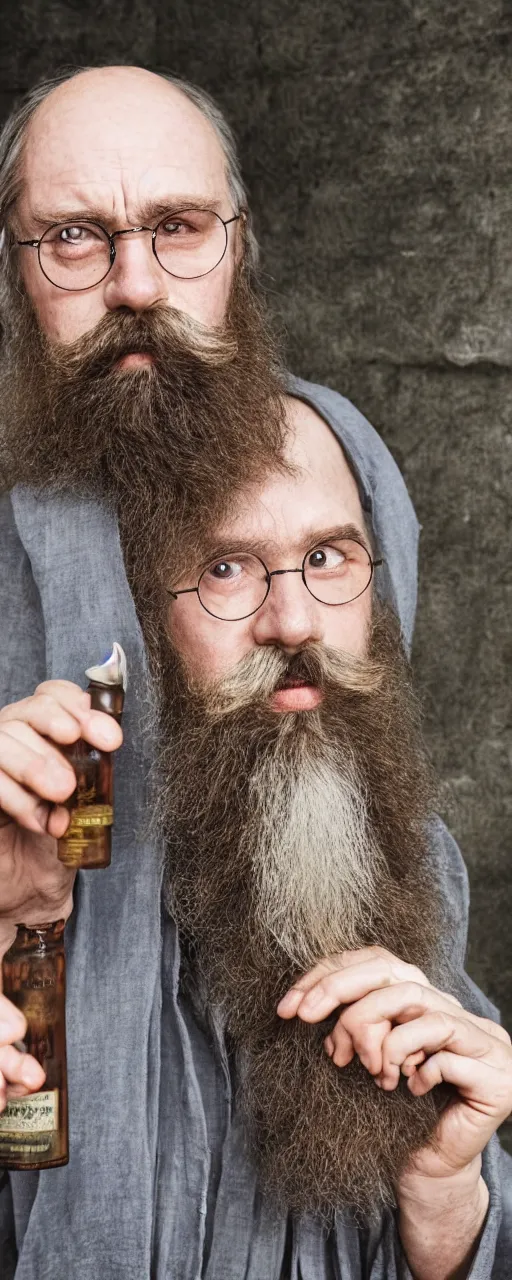 Image similar to aged harry potter with long beards and beautiful mustache, beard balm in his hand