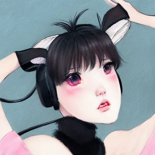 Image similar to realistic beautiful gorgeous buxom natural cute Blackpink Lalisa Manoban black hair cute fur black cat ears, wearing white camisole, headphones, black leather choker artwork drawn full HD 4K highest quality in artstyle by professional artists WLOP, Taejune Kim, Guweiz on Pixiv Artstation