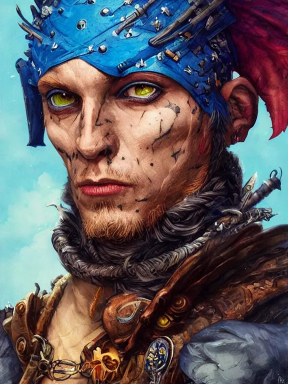 Image similar to art portrait of blue Dragonborn pirate,by tristan eaton,Stanley Artgermm,Tom Bagshaw,Greg Rutkowski,Carne Griffiths,trending on DeviantArt,face enhance,minimalist, dungeons and dragons,full of colour,