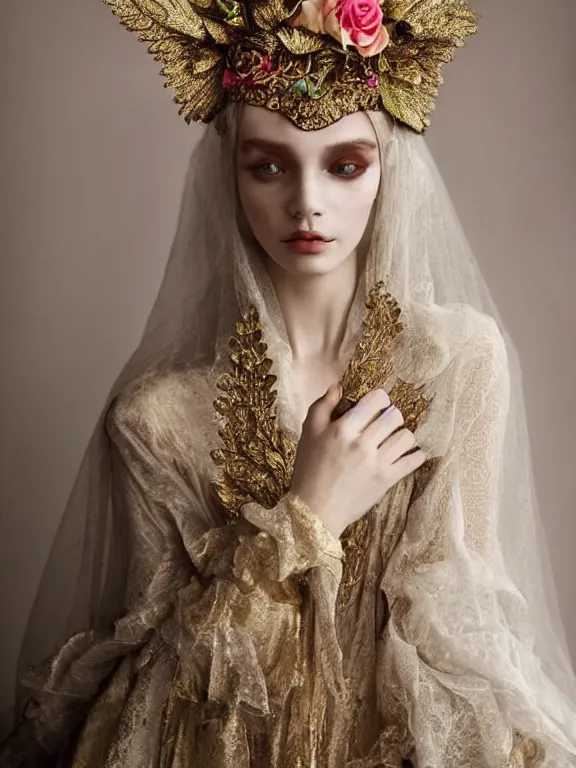 Image similar to a catholic veiled Princess who has rococo dramatic headdress with roses,by Annie Stegg and Jovana Rikalo and VICTOR NIZOVTSEV and Nekro and Billelis,avian-inspired,beaded embroidery,trending on pinterest,hyperreal,Kintsukuroi,gold,maximalist