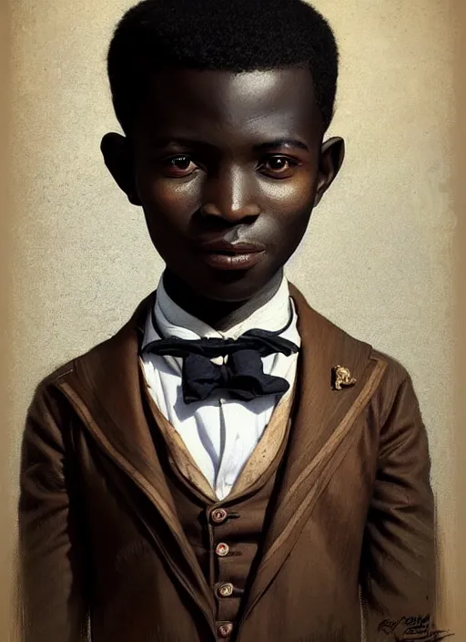 Image similar to a portrait of an african boy with a crooked nose in victorian clothing, confident pose, intricate, elegant, sharp focus, illustration, highly detailed, concept art, matte, trending on artstation, anime, art by james jean and artgerm and brian despain and alberto mielgo, greg rutkowski, wlop, ilya kuvshinov, strong strokes